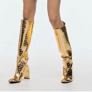 Zara Metallic Gold Croc-Pattern Boots